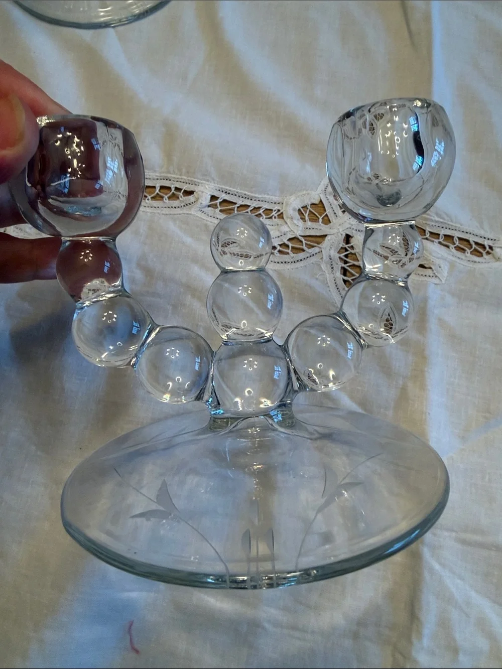 Set of vintage glass double candle holders